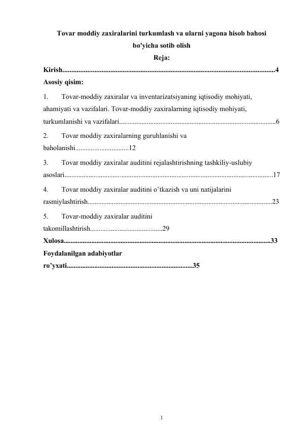 Tovar moddiy zaxiralarini turkumlash va ularni yagona hisob bahosi bo'yicha sotib olish