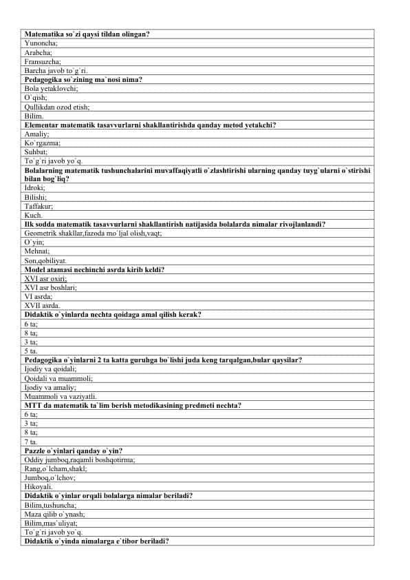 Maktabgacha ta`lim matematika bo`yicha test
