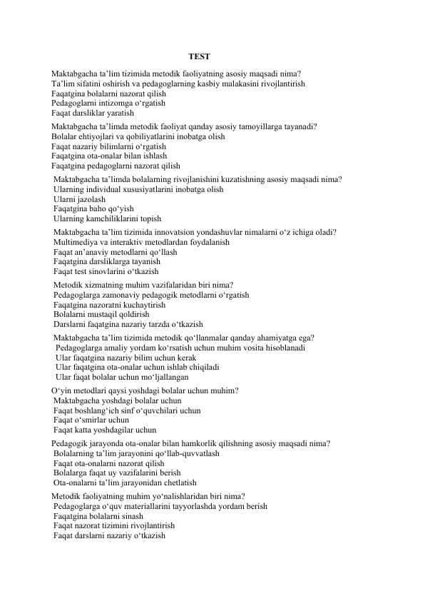 Maktabgacha ta’lim tizimida metodik faoliyatning asosiy maqsadi