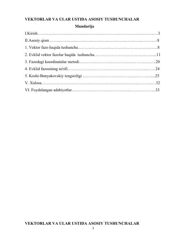 VEKTORLAR VA ULAR USTIDA ASOSIY TUSHUNCHALAR