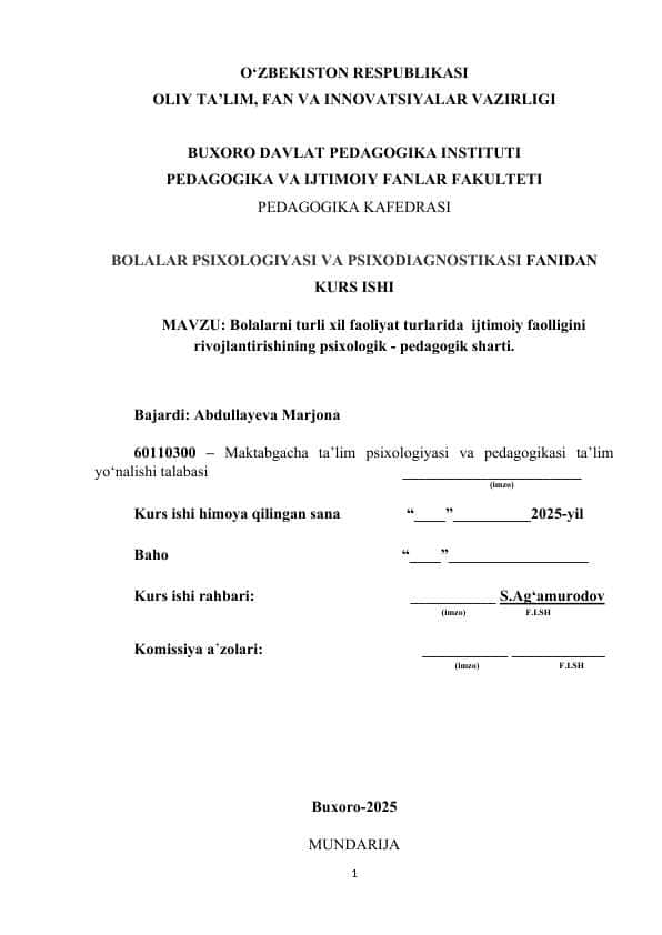 Bolalarni turli xil faoliyat turlarida ijtimoiy faolligini rivojlantirishining psixologik - pedagogik sharti.