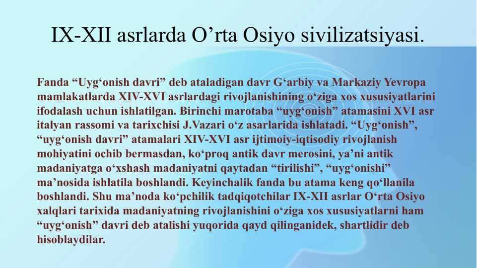 IX-XII asrlarda O’rta Osiyo sivilizatsiyasi