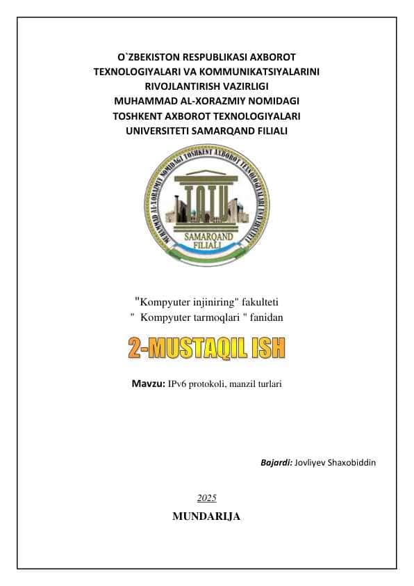 1. IP nima ? 2. IPv6 protokoli haqida 3. IPv6 protokoli, manzil turlari haqida "IP-manzil" atamasi internetdagi yoki mahalliy tarmoqdagi foydalanuvchilarni va ularning qurilmalarini aniqlaydigan noyob manzilni anglatadi. IP qisqartmasi "Internet Protocol" degan ma'noni anglatadi , bu ma'lumotlarning internet yoki mahalliy tarmoq orqali yuborilishi qoidalari to'plamidir. Asosan, IP