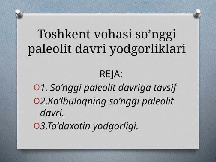 Toshkent vohasi so’nggi paleolit davri yodgorliklari