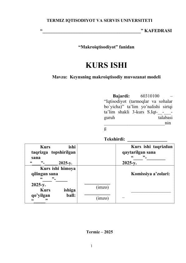 Keynsning makroiqtisodiy muvozanat modeli