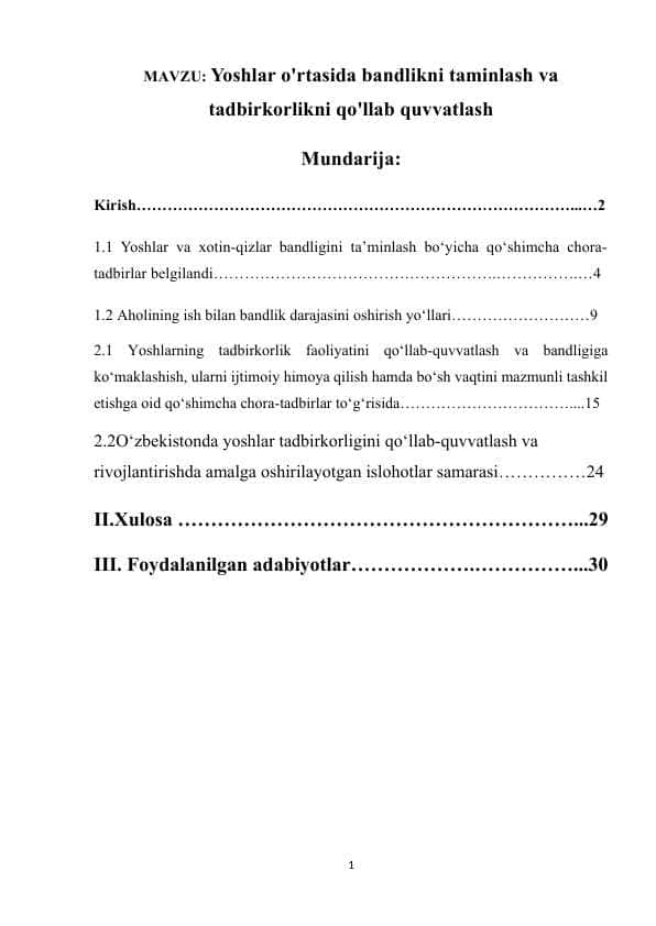Yoshlar o'rtasida bandlikni taminlash va tadbirkorlikni qo'llab quvvatlash