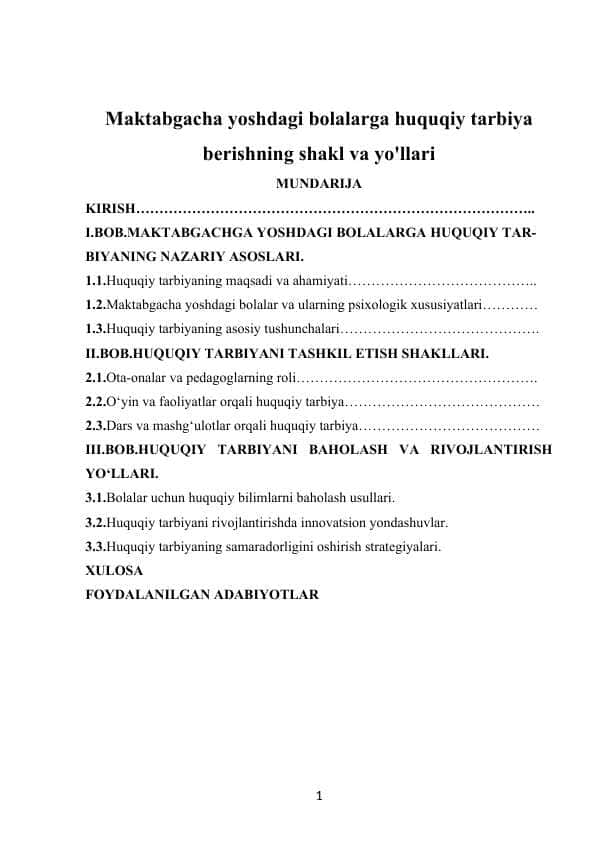 Maktabgacha yoshdagi bolalarga huquqiy tarbiya berishning shakl va yo'llari