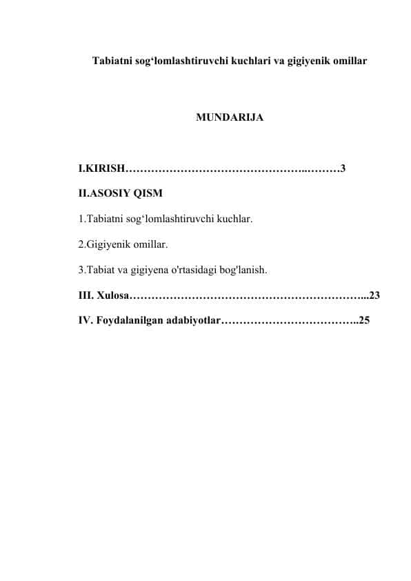 Tabiatni sog‘lomlashtiruvchi kuchlari va gigiyenik omillar