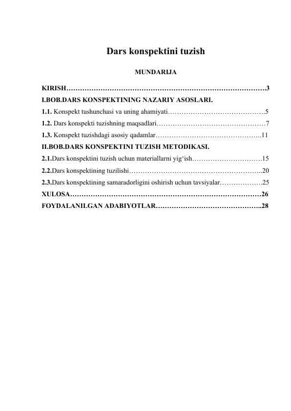 Dars konspektini tuzish