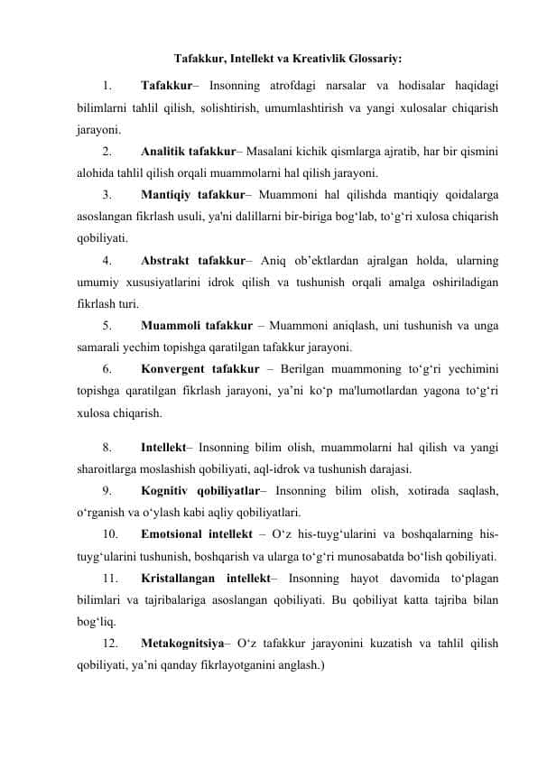 Tafakkur, Intellekt va Kreativlik