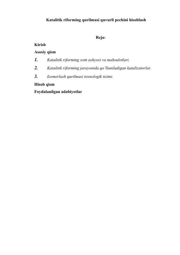 Katalitik riforming qurilmasi quvurli pechini hisoblash
