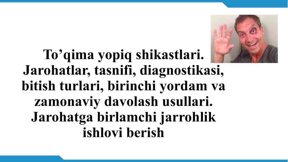 To’qima yopiq shikastlari. Jarohatlar, tasnifi, diagnostikasi, bitish turlari, birinchi yordam va zamonaviy davolash usullari. Jarohatga birlamchi jarrohlik ishlovi berish