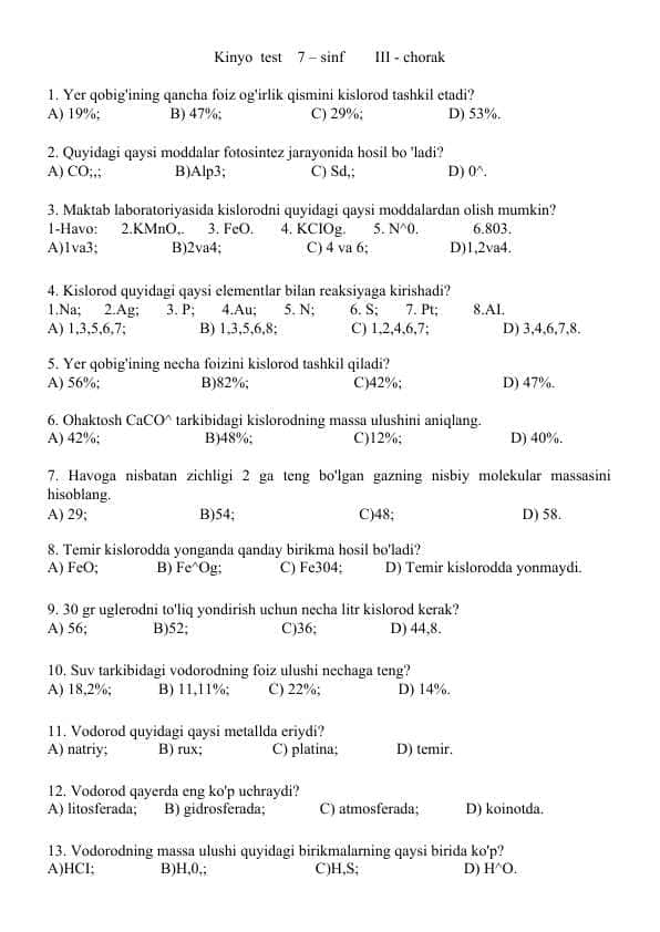 Kimyo test 7-sinf 1- test