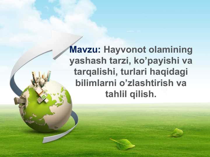 Hayvonot olamining yashash tarzi, ko’payishi va tarqalishi, turlari haqidagi bilimlarni o’zlashtirish va tahlil qilish