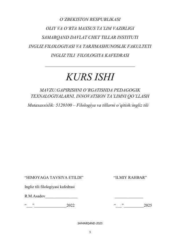 GAPIRISHNI O’RGATISHDA PEDAGOGIK TEXNALOGIYALARNI, INNOVATSION TA’LIMNI QO’LLASH