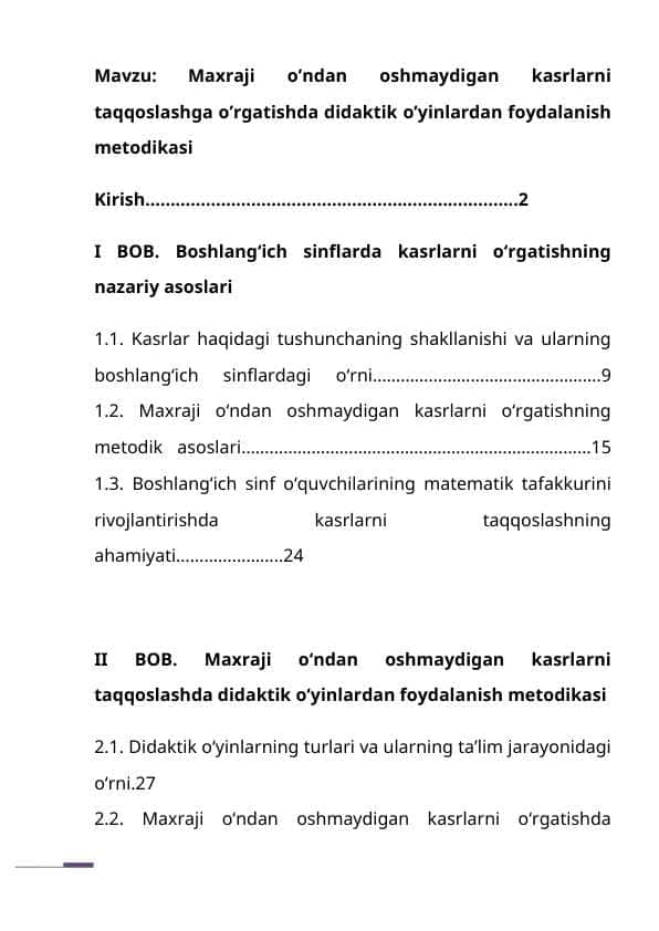 Maxraji o’ndan oshmaydigan kasrlarni taqqoslashga o’rgatishda didaktik o’yinlardan foydalanish metodikasi