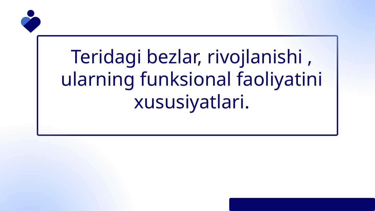 Teridagi bezlar, rivojlanishi , ularning funksional faoliyatini xususiyatlari.