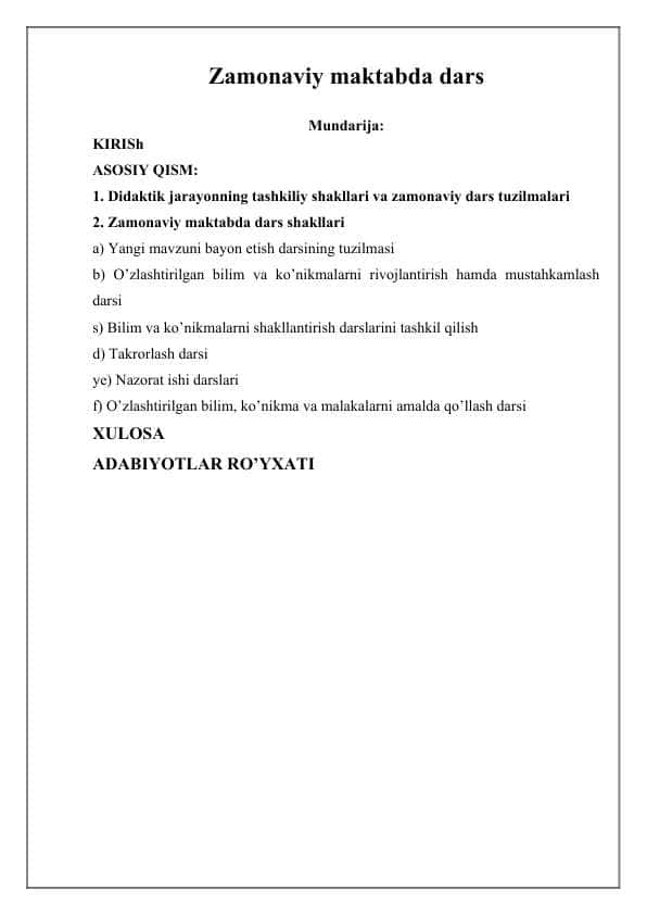 Zamonaviy maktabda dars
