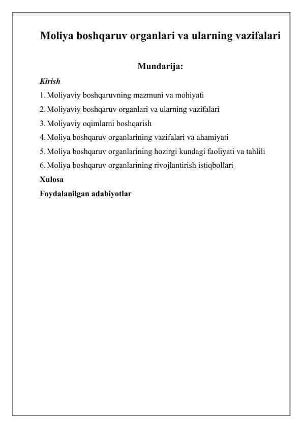 Moliya boshqaruv organlari va ularning vazifaları