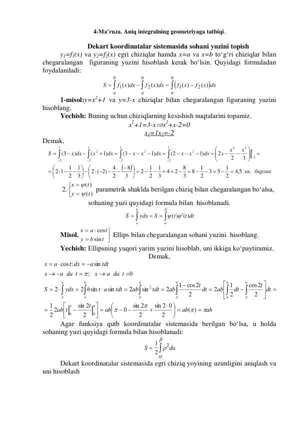 Aniq integralning geometriyaga tatbiqi.