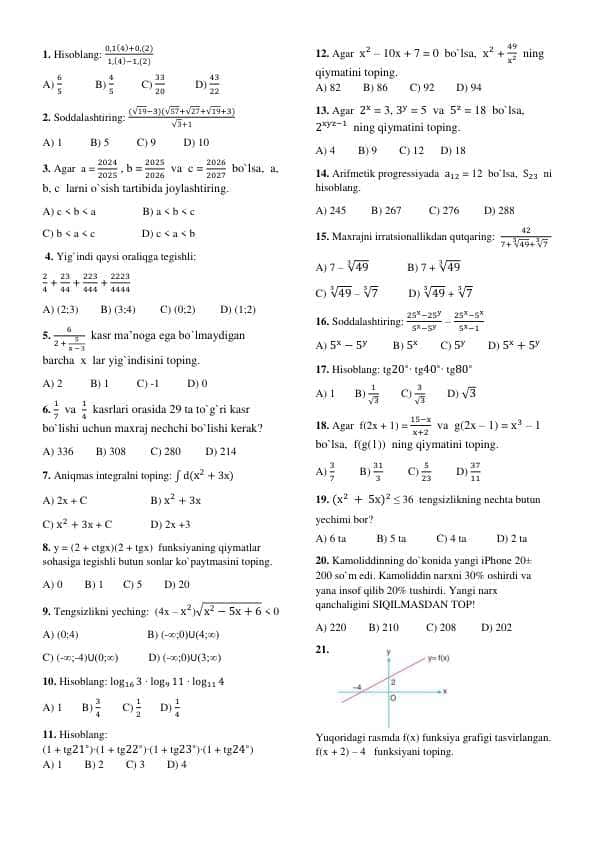 Matematikadan takrorlash testi