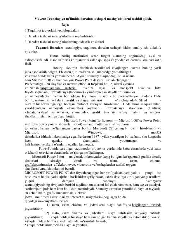 Texnologiya ta’limida darsdan tashqari mashg’ulotlarni tashkil qilish