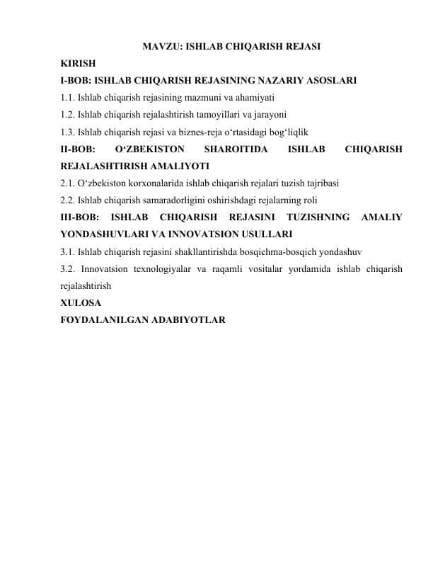 ISHLAB CHIQARISH REJASI