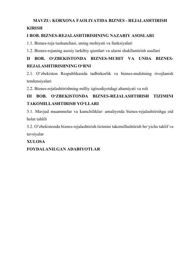 Korxona faoliyatida biznes - rejalashtirish