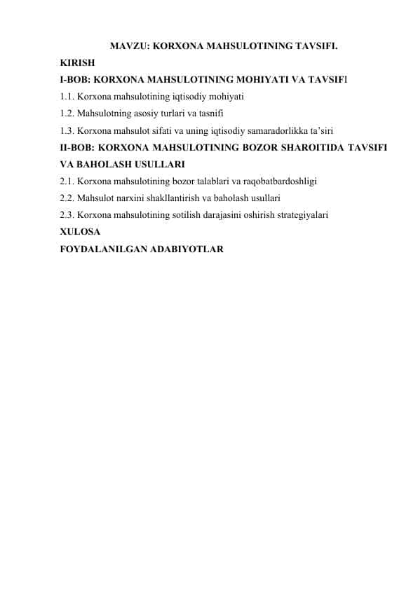 KORXONA MAHSULOTINING TAVSIFI