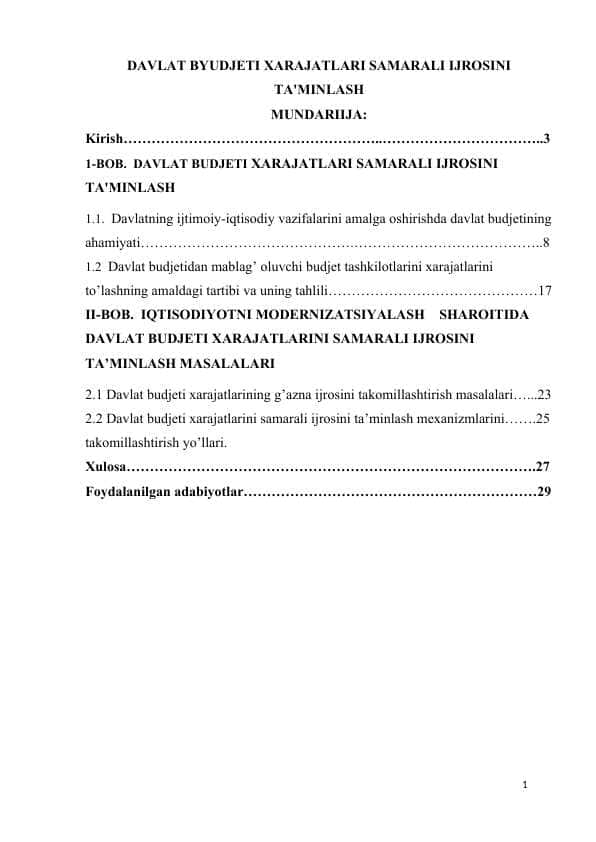 DAVLAT BYUDJETI XARAJATLARI SAMARALI IJROSINI TA'MINLASH