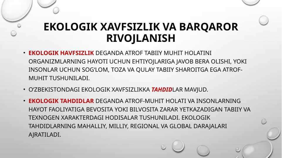 EKOLOGIK XAVFSIZLIK VA BARQAROR RIVOJLANISH
