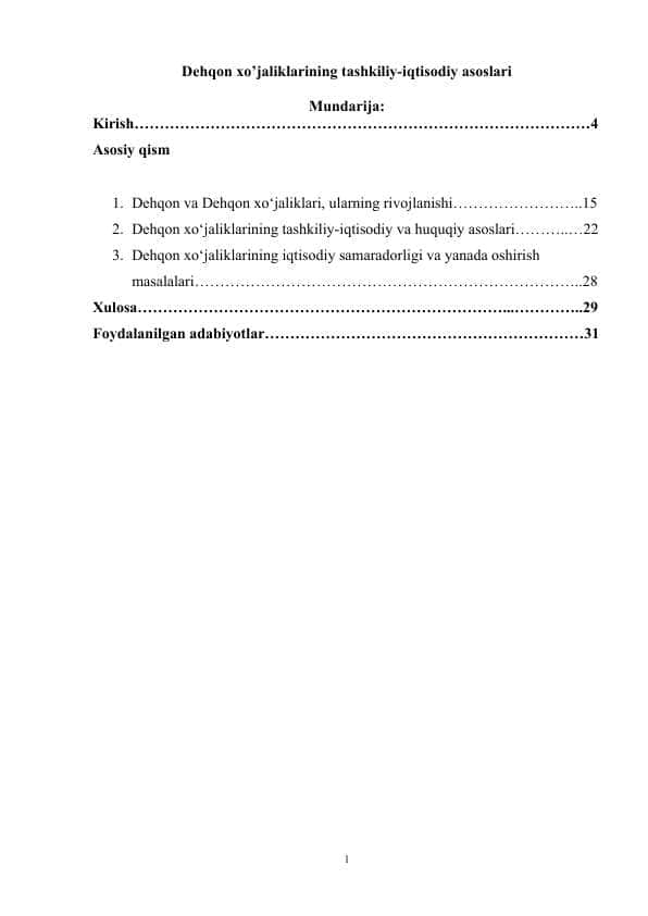 Dehqon xo’jaliklarining tashkiliy-iqtisodiy asoslari