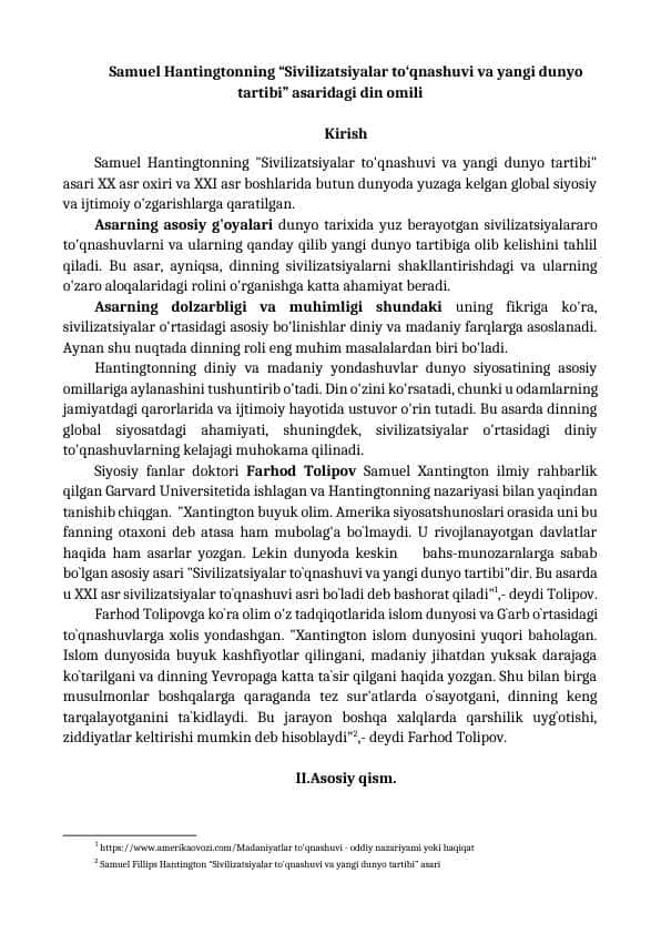 Samuel Hantingtonning “Sivilizatsiyalar to‘qnashuvi va yangi dunyo tartibi” asaridagi din omili