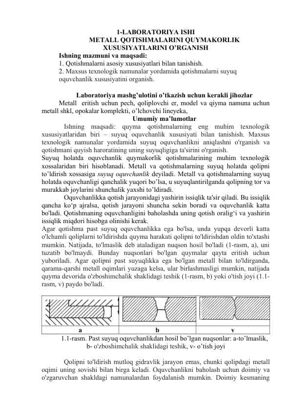 METALL QOTISHMALARINI QUYMAKORLIK XUSUSIYATLARINI O’RGANISH