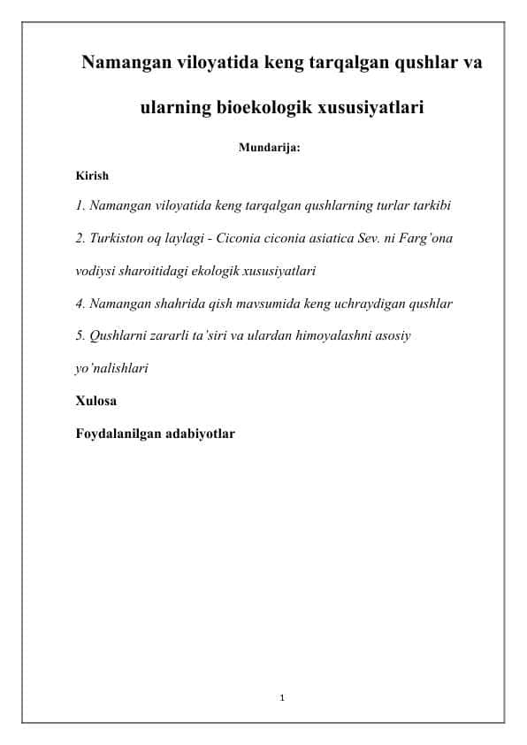 Namangan viloyatida keng tarqalgan qushlar va ularning bioekologik xususiyatlari