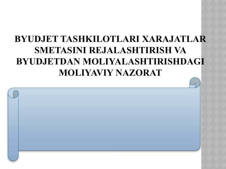 Byudjet tashkilotlari xarajatlar smetasini rejalashtirish va byudjetdan moliyalashtirishdagi moliyaviy nazorat