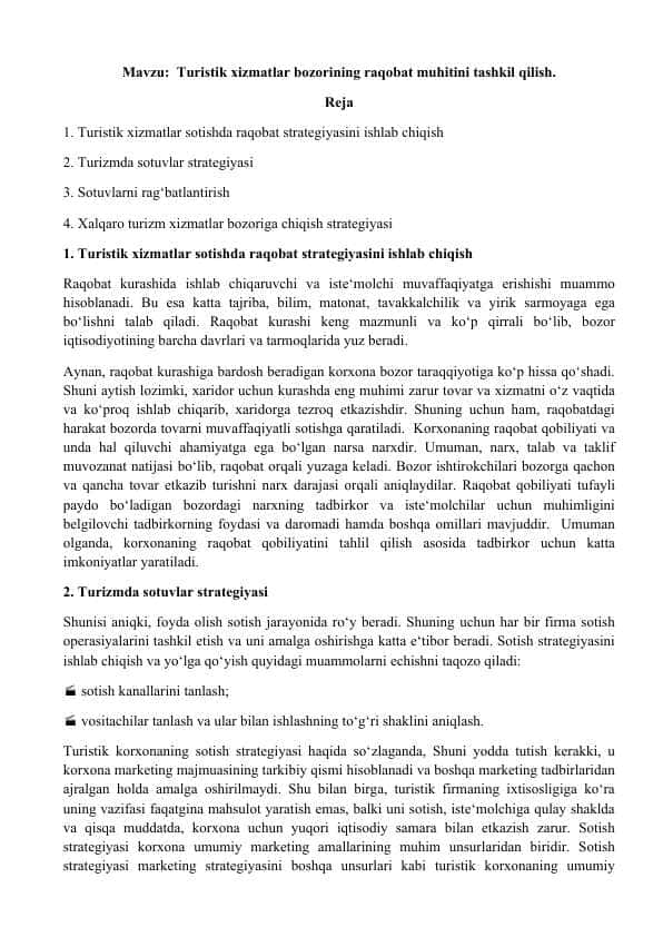 Turistik xizmatlar bozorining raqobat muhitini tashkil qilish