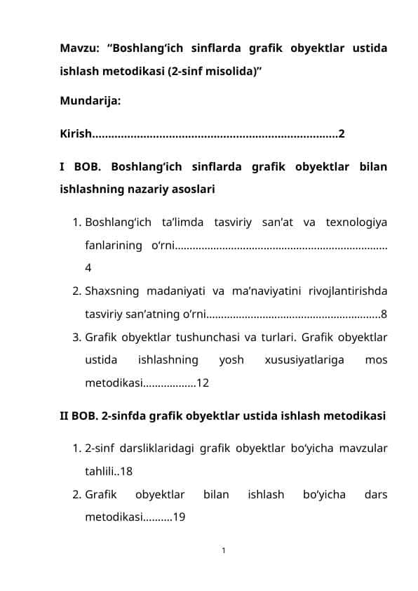 “Boshlang‘ich sinflarda grafik obyektlar ustida ishlash metodikasi (2-sinf misolida)”