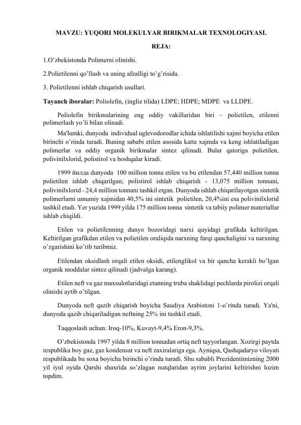 YUQORI MOLEKULYAR BIRIKMALAR TEXNOLOGIYASI