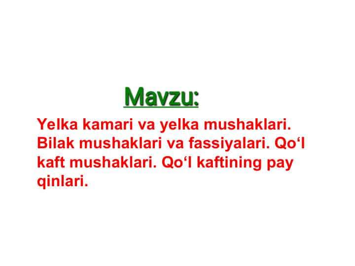 Yelka kamari va yelka mushaklari. Bilak mushaklari va fassiyalari. Qo‘l kaft mushaklari. Qo‘l kaftining pay qinlari