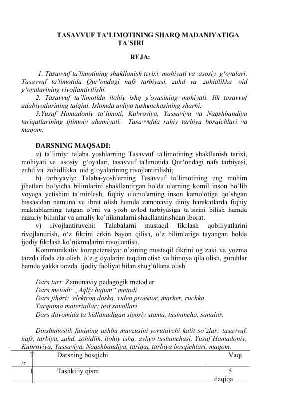 TASAVVUF TAʼLIMOTINING SHARQ MADANIYATIGA TA`SIRI