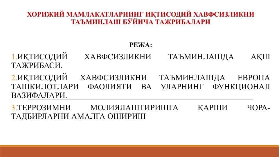 Хорижий мамлакатларнинг иқтисодий хавфсизликни таъминлаш бўйича тажрибалари