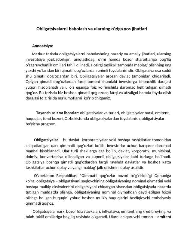 Obligatsiyalarni baholash va ularning o‘ziga xos jihatlari tezis