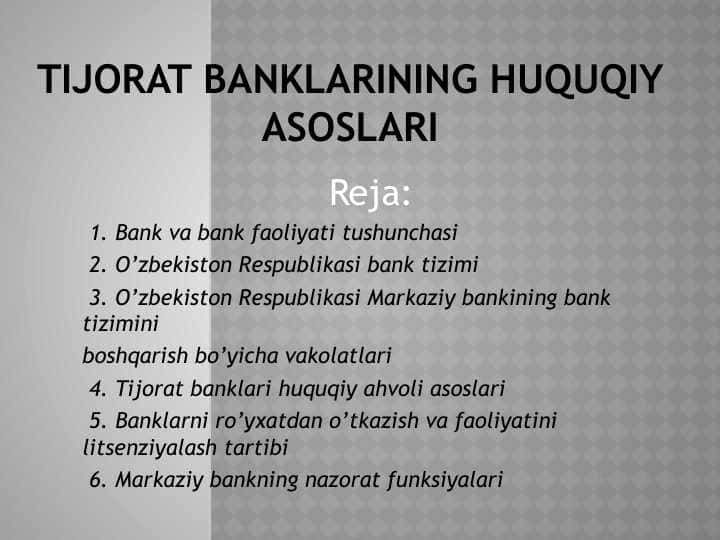 tijorat banklarining huquqiy asoslari