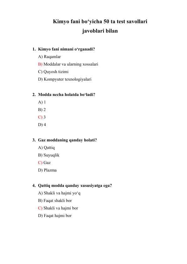 Kimyo fanidan 50 ta test savollari javoblari bilan