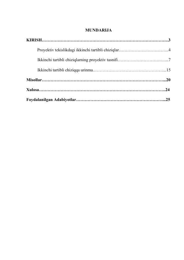 Proyektiv tekislikdagi ikkinchi tartibli chiziqlar mavzusida kurs ishi