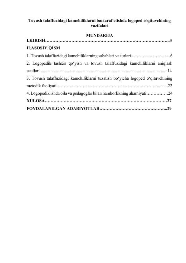 Tovush talaffuzidagi kamchiliklarni bartaraf etishda logoped o‘qituvchining vazifalari