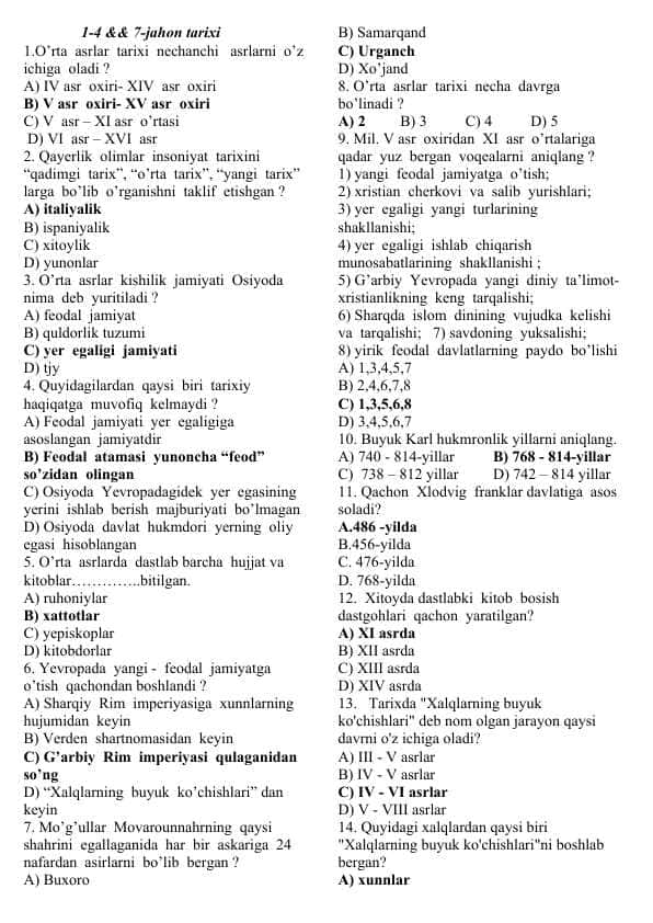 7-sinf jahon tarixi testlar