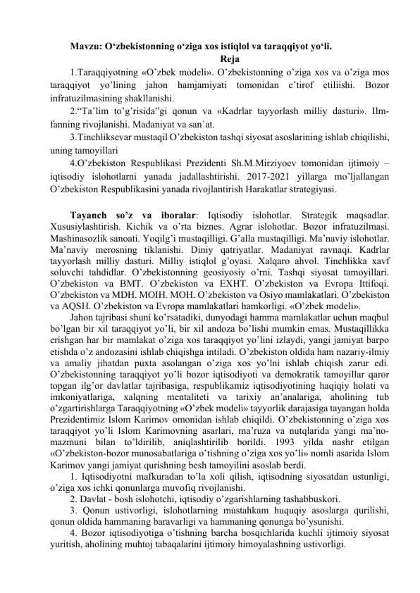 O‘zbekistonning o‘ziga xos istiqlol va taraqqiyot yo‘li.