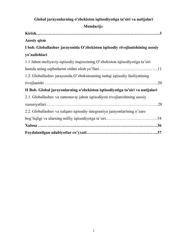 Global jarayonlarning o'zbekiston iqtisodiyotiga ta'siri va natijalari